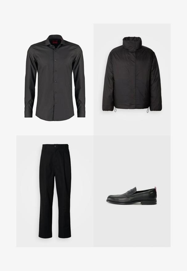 Black puffer jacket with high collar, zippered front, long sleeves, and elastic drawstrings at the hem. Smooth, lightweight texture.; Black long-sleeve shirt with a slim fit, made of smooth fabric. Features a pointed collar and six buttons down the front.; Black straight-leg trousers with a buttoned waistband, belt loops, and front crease, displayed against a plain white background.; Black leather loafers with a textured front panel and smooth sides. Features a slim heel and rear loop for easy wear. Classic design.