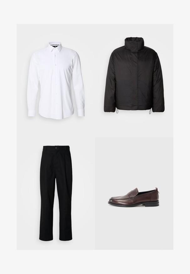 Juodas pūkinis švarkas su aukštu apykakle, užtrauktuku priekyje, ilgomis rankovėmis ir elastingais raišteliais hemėje. Lygus, lengvas tekstūras.; Balta ilga rankovė marškiniai su mygtukais, pagaminti iš glotnaus audinio, su smailiu apykaklės dizainu ir standartinio kirpimo. Turintys priekinį mygtukų užsegimą su šešiais mygtukais.; Juodas tiesus kojų kelnes su sagomis juosmenyje, diržo kilpomis ir priekine raukšle, parodytas prieš paprastą baltą foną.; Rudi odiniai loaferiai su apvaliu pirštu, siuvinėtomis detalėmis ir nedidele raudona akcentu kulne. Lygus guminis padas.