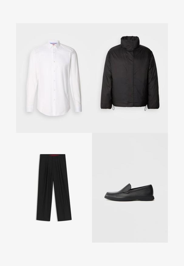 Mustapuffattu takki korkealla kauluksella, vetoketjukiinnityksellä, pitkällä hihalla ja joustavilla nyöreillä helmassa. Sujuva, kevyt rakenne.; HUGO KOEY - Kauluspaita - open white; Musta leveälahkeinen housu, jossa on litteä etuosa, kaksi sivupistettä, laskostettu muotoilu ja kontrastivärinen punainen vyötärön sisäosa.; Musta nahkainen liukuvi loafer, jossa on tekstuuripinta, pyöreä kärki, matala korko ja kumipohja, esitelty sivuprofiilissa valkoisella taustalla.