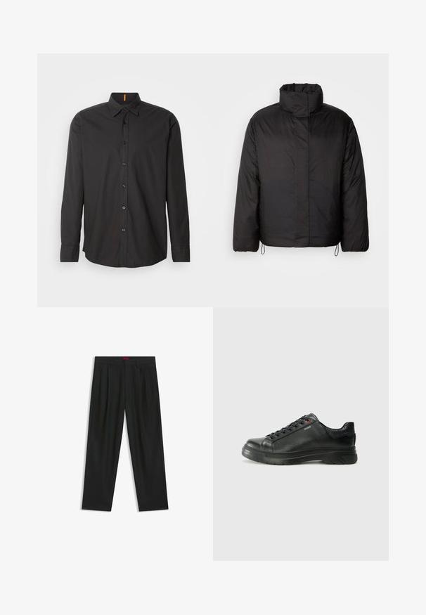Zwarte pufferjack met hoge kraag, ritssluiting aan de voorkant, lange mouwen en elastische koordjes aan de onderkant. Gladde, lichte textuur.; Zwarte langarmshirt gemaakt van lichtgewicht stof. Heeft een button-down kraag, frontknopen en een geborduurd logo op de borst.; Zwarte broek met een geplooid ontwerp, wijde pijpen en een zachte textuur. Voorzien van een rode taillebandlabel.; Zwarte leren sneaker met een gestructureerde bovenkant, gevoerde kraag en rode logo-details. Heeft een dikke rubberen zool met een opvallend loopvlakpatroon.