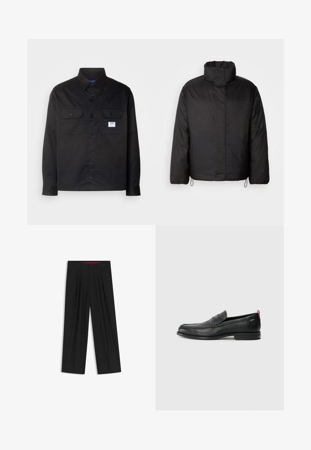 Schwarze Daunenjacke mit hohem Kragen, Reißverschluss vorne, langen Ärmeln und elastischen Kordeln am Saum. Glatte, leichte Textur.; Schwarzes Langarmshirt aus Baumwolle. Verfügt über ein Knopfdesign, zwei Brusttaschen und ein kleines Logoetikett auf der linken Tasche.; Schwarze weit geschnittene Hosen mit flachem Bund, zwei seitlichen Taschen, gefaltetem Design und einem kontrastierenden roten Innenbund.; Schwarze Lederloafers mit einem strukturierten Vorderteil und glatten Seiten. Sie verfügen über einen schmalen Absatz und eine Schlaufe an der Rückseite für einfaches Anziehen. Klassisches Design.