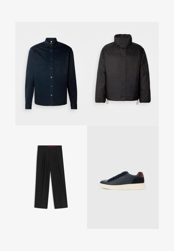 Giacca a vento nera con colletto alto, chiusura lampo frontale, maniche lunghe e cordini elastici all'orlo. Tessuto liscio e leggero.; BOSS OWEN - Camicia - dark blue; Pantaloni neri a gamba larga con fronte piatto, due tasche laterali, design plissettato e un elastico in vita di colore rosso a contrasto.; Sneaker da uomo a basso profilo in pelle nera e suede con linguetta sul tallone color bordeaux e suola in gomma bianca, vista dal lato esterno.