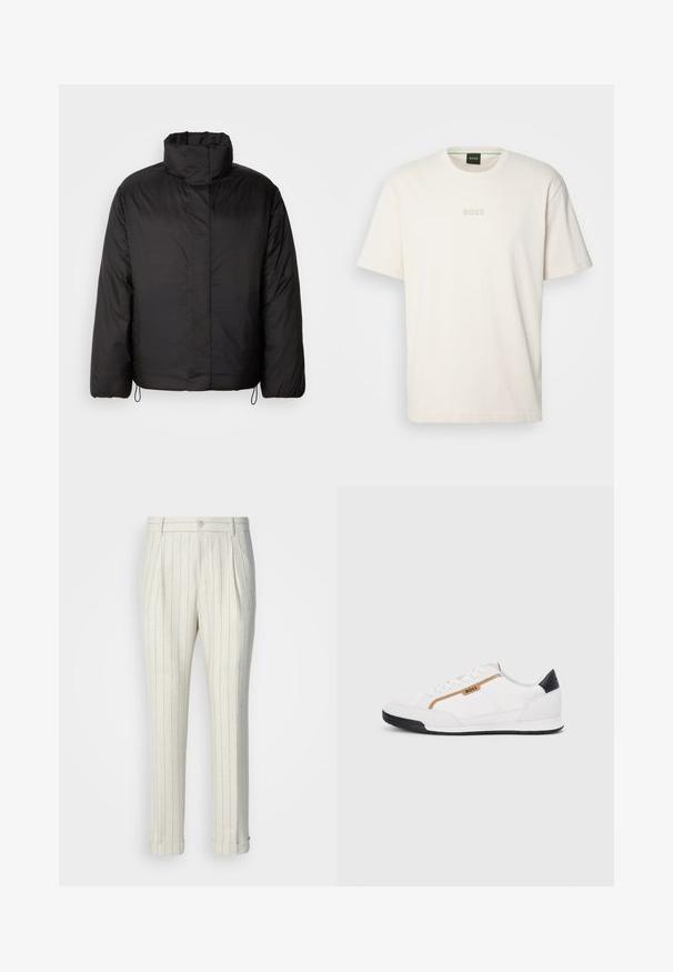 Svart dunjakke med høy krage, glidelås foran, lange ermer og elastiske snorer i kanten. Glatt, lett tekstur.; BOSS TEE - T-shirts - open white; Plisserte bukser laget av lett stoff, med en kremfarget base og tynne blå vertikale striper. Med oppbrettede hem og en enkelt frontknapp.; Hvite sporty sko med mesh- og lærdetaljer. Har en gull "BOSS"-logo, teksturerte sidepaneler og en svart hælbru. Gummisåle.