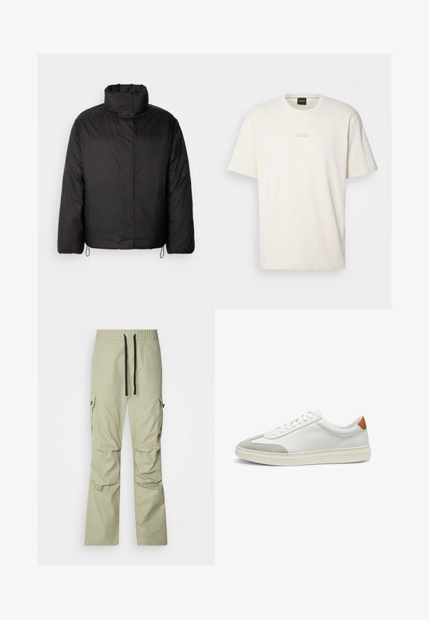 Black puffer jacket with high collar, zippered front, long sleeves, and elastic drawstrings at the hem. Smooth, lightweight texture.; BOSS TEE - Basic T-shirt - open white; Light green cargo pants with a relaxed fit, elastic waistband, black drawstring, two side pockets, and subtle stitching details.; White leather sneakers with gray suede accents and a tan leather heel tab. Features a textured surface and lightweight sole.