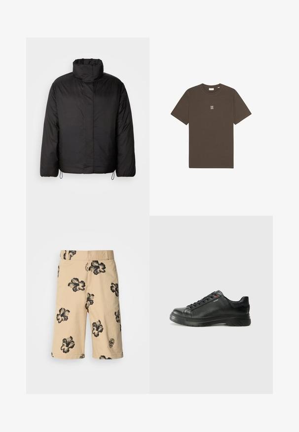 Svart dunjakke med høy krage, glidelås foran, lange ermer og elastiske snorer i kanten. Glatt, lett tekstur.; Brun bomull t-skjorte med rund hals og korte ermer, med en hvit "II" grafikk sentrert på brystet.; Beige shorts med svart hibiskusblomster mønster. Har elastisk midje og en logo detalj på den nedre siden. Laget av lett stoff.; Svarte lærsneakers med teksturert overdel, polstret krage og rød logodetalj. Har en tykk gummisåle med tydelig mønster.