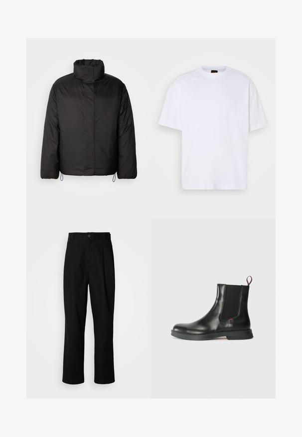 Černá péřová bunda s vysokým límcem, zapínáním na zip, dlouhými rukávy a elastickými stahovacími šňůrami na spodním lemu. Hladký, lehký materiál.; Bílá bavlněná tričko s kulatým výstřihem, krátkými rukávy a volným střihem. Obsahuje texturované ramenní švy pro přidaný detail.; Černé kalhoty s rovnými nohavicemi, s páskem na knoflíky, poutky na opasek a předními záhyby, vystavené na jednoduchém bílém pozadí.; Černé kožené chelsea boty s hladkým povrchem, elastickými bočními panely, poutkem na nošení a silnou gumovou podrážkou pro přilnavost a odolnost.