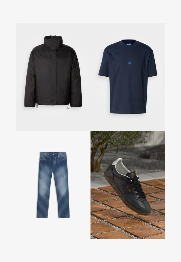 Black puffer jacket with high collar, zippered front, long sleeves, and elastic drawstrings at the hem. Smooth, lightweight texture.; Navy blue cotton t-shirt featuring a crew neckline, short sleeves, and a small blue logo on the chest. Smooth texture, relaxed fit.; Denim jeans with a pinstripe pattern, medium blue color, faded sections, straight leg cut, five pockets, and a metal button closure.; Black leather sneaker with white accents, lace-up design, olive green suede toe, and gold "BOSS" logo. Positioned above wooden tiles with pebbles.