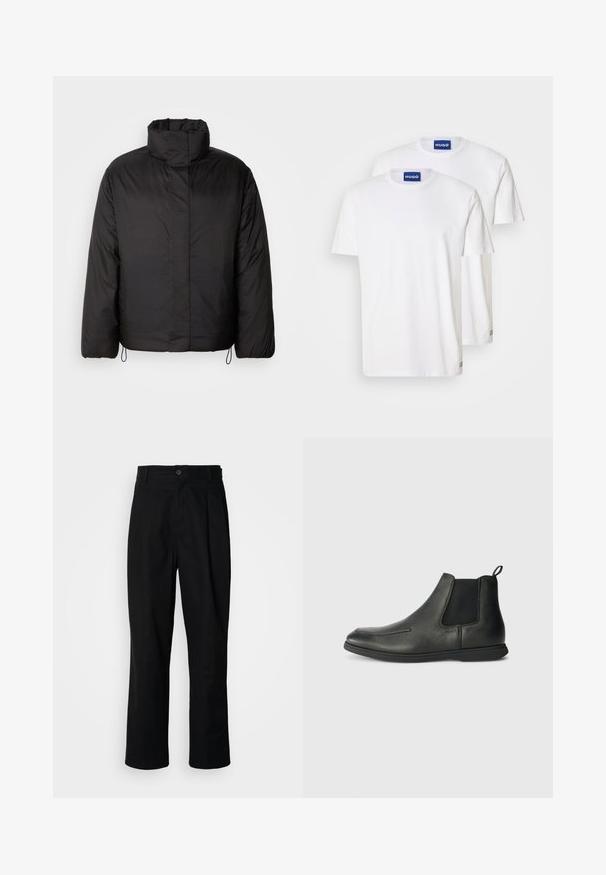 Must mustega jakk kõrge kraega, tõmblukk ees, pikad varrukad ja elastsed nöörid allääres. Siledast, kerge tekstuuriga.; Valged puuvillased T-särgid, millel on ümar kaelus ja lühikesed varrukad, kaelustel on sinised "HUGO" sildid ja väiksed detailid ääres.; Mustad sirged püksid nuppudega vöökoht, vöölõngad ja eesmine voldik, esitatud lihtsa valge tausta ees.; Mustade nahast põlve kõrged saapad siledast tekstuurist, elastsete külgpaneelidega ja taga tõmbenööriga. Ümmargune nina ja kummist tald.