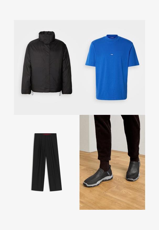 Black puffer jacket with high collar, zippered front, long sleeves, and elastic drawstrings at the hem. Smooth, lightweight texture.; Blue cotton T-shirt featuring short sleeves, a crew neck, and a small logo patch on the chest. Smooth texture with a relaxed fit.; Black wide-leg trousers with a flat front, two side pockets, pleated design, and a contrasting red interior waistband.; Black slip-on shoes with textured leather uppers and a gray rubber outsole, set against a wooden floor and corduroy pants.