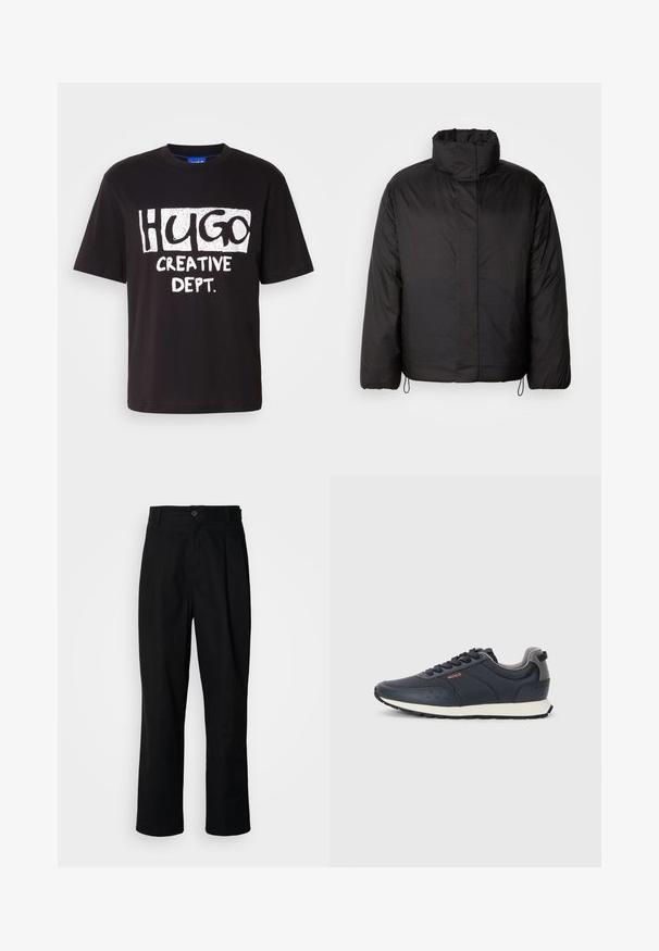 Černá péřová bunda s vysokým límcem, zapínáním na zip, dlouhými rukávy a elastickými stahovacími šňůrami na spodním lemu. Hladký, lehký materiál.; Černé bavlněné tričko s bílým grafickým textem "HUGO" a "CREATIVE DEPT." v tučných, hravých písmenech. Kulatý výstřih a krátké rukávy.; Černé kalhoty s rovnými nohavicemi, s páskem na knoflíky, poutky na opasek a předními záhyby, vystavené na jednoduchém bílém pozadí.; Námořnické modré sneakers s hladkým syntetickým svrškem, zaoblenou špičkou, šedými akcenty, designem na šněrování a bílou mezipodešví s texturovanou černou podrážkou.