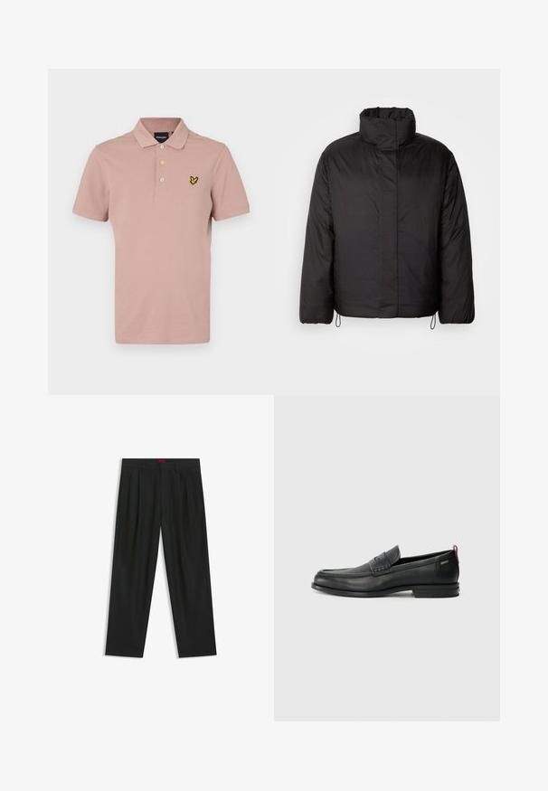 Schwarze Daunenjacke mit hohem Kragen, Reißverschluss vorne, langen Ärmeln und elastischen Kordeln am Saum. Glatte, leichte Textur.; Polo-Shirt, hellpink, aus Baumwolle. Verfügt über eine Knopfleiste mit drei Knöpfen und ein gelbes, gesticktes Logo auf der Brust. Kurze Ärmel, lässige Passform.; Schwarze Hose mit einem gefältelten Design, weiter Beinform und glatter Textur. Verfügt über ein rotes Taillenlabel.; Schwarze Lederloafers mit einem strukturierten Vorderteil und glatten Seiten. Sie verfügen über einen schmalen Absatz und eine Schlaufe an der Rückseite für einfaches Anziehen. Klassisches Design.