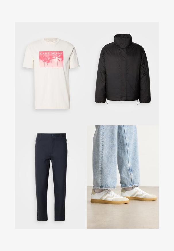 Svart dunjakke med høy krage, glidelås foran, lange ermer og elastiske snorer i kanten. Glatt, lett tekstur.; Hvit bomull t-skjorte med et rosa grafisk trykk av palmer og teksten "GANT MIAMI". Korte ermer og design med rund hals.; Marineblå skreddersydde bukser laget av glatt stoff, med en glidelåslomme, rette ben og knappelukking i midjen.; Hvite sneakers med beige semsket skinn-detaljer og lette gummisåler; har et lavt design og teksturdetaljer på overdelen.