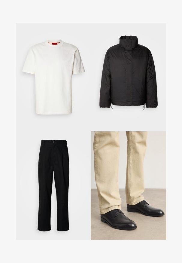 Črna napihljiva jakna z visokim ovratnikom, zadrgo spredaj, dolgimi rokavi in elastičnimi vrvicami na robu. Gladko, lahko teksturo.; Lahka beli bombažni T-shirt z okroglim izrezom, kratkimi rokavi in subtilno vezeno logo na prsih, ki ima gladko teksturo.; Črne hlače ravnega kroja z gumbastim pasom, zanke za pas in sprednjim pregibom, prikazane na enobarvnem belem ozadju.; Črne usnjene čevlje z vezalkami in zaobljenim prstom, gladke površine in diskretnimi šivi, oblečene z svetlo bež hlačami.
