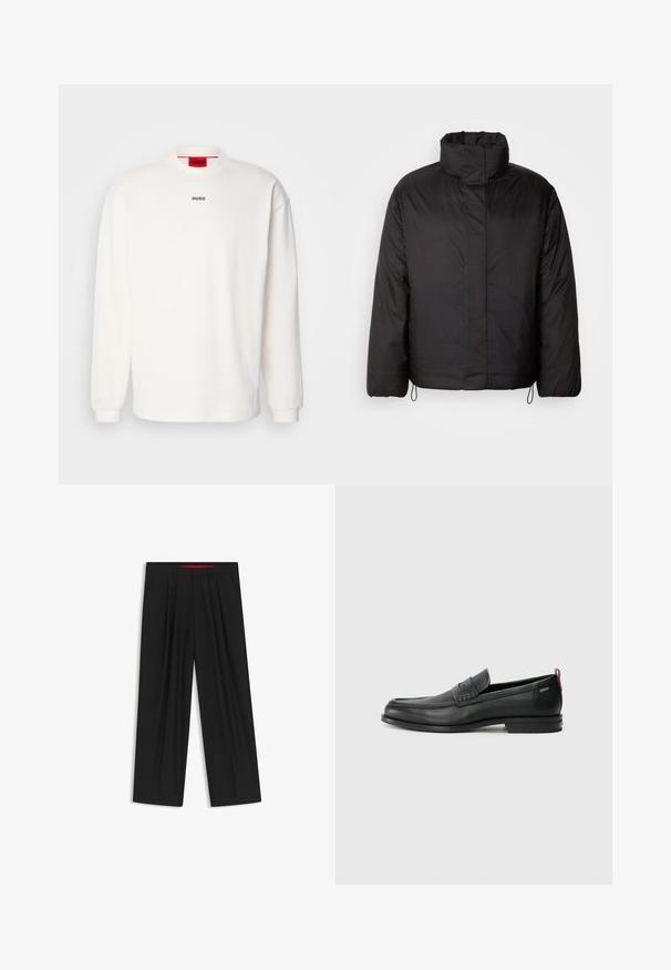 Zwarte pufferjack met hoge kraag, ritssluiting aan de voorkant, lange mouwen en elastische koordjes aan de onderkant. Gladde, lichte textuur.; Witte longsleeve sweatshirt van katoen. Heeft een ronde hals, ribgebreide manchetten en een klein zwart "HUGO" logo op de borst. Rood binnenlabel.; Zwarte wijde broek met een vlakke voorkant, twee zijzakken, geplooid ontwerp en een contrasterende rode binnenband.; Zwarte leren instappers met een textuur aan de voorkant en gladde zijden. Voorzien van een slanke hak en een lus aan de achterkant voor gemakkelijk aan- en uittrekken. Klassiek ontwerp.