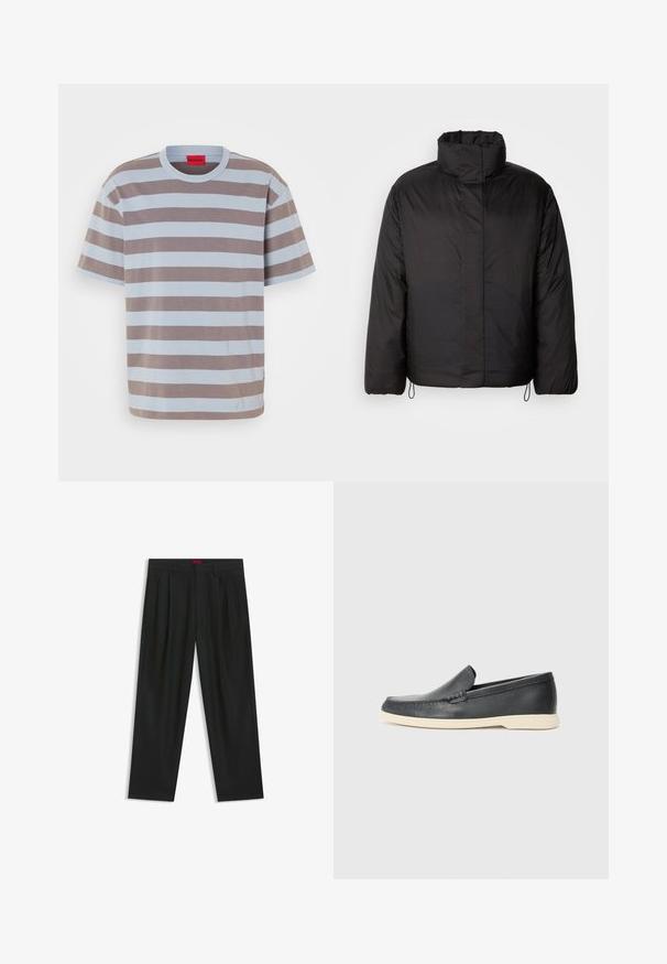 Black puffer jacket with high collar, zippered front, long sleeves, and elastic drawstrings at the hem. Smooth, lightweight texture.; Striped t-shirt in light blue and brown, made of cotton. Features a round neckline and a small logo embossed in the center front.; Black trousers with a pleated design, wide leg shape, and a smooth texture. Features a red waistband tag.; Black leather slip-on loafers with a textured finish and a contrasting beige rubber sole. Features a subtle accent along the front.
