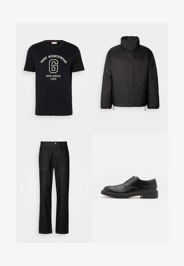 Čierna bundu s vysokým golierom, zipsom vpredu, dlhými rukávmi a elastickými šnúrkami na okraji. Hladký, ľahký materiál.; Námornícky bavlnený tričko s okrúhlym výstrihom a krátkymi rukávmi. Obsahuje biely potlač s nápismi "GANT SPORTSWEAR," "NEW HAVEN," a "1949."; Čierne rifľové nohavice so širokými nohavicami, viditeľným prešitím a zapínaním na gombík vpredu. Obsahuje dve bočné vrecká a dve zadné vrecká.; Čierne kožené šnurovacie topánky s okrúhlou špičkou, hladkým povrchom, minimálnym prešívaním a nízkym gumovým podpätkom. Logo na podpätku.