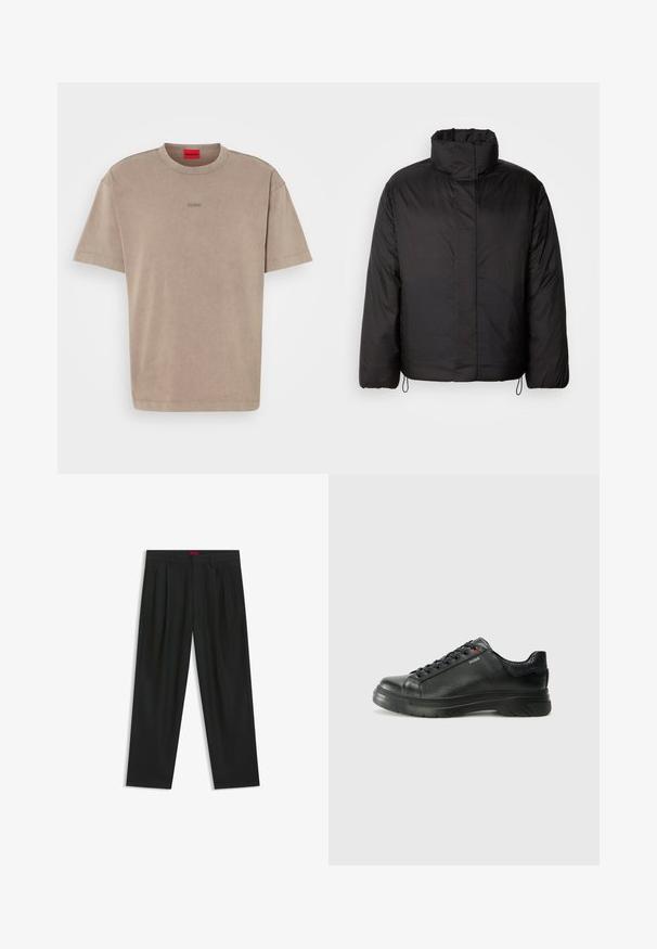 Black puffer jacket with high collar, zippered front, long sleeves, and elastic drawstrings at the hem. Smooth, lightweight texture.; Beige cotton t-shirt with a crew neck, short sleeves, and a subtle logo in matching color on the chest. Textured, casual design.; Black trousers with a pleated design, wide leg shape, and a smooth texture. Features a red waistband tag.; Black leather sneaker with textured upper, padded collar, and red logo detail. Features a thick rubber sole with distinct tread pattern.