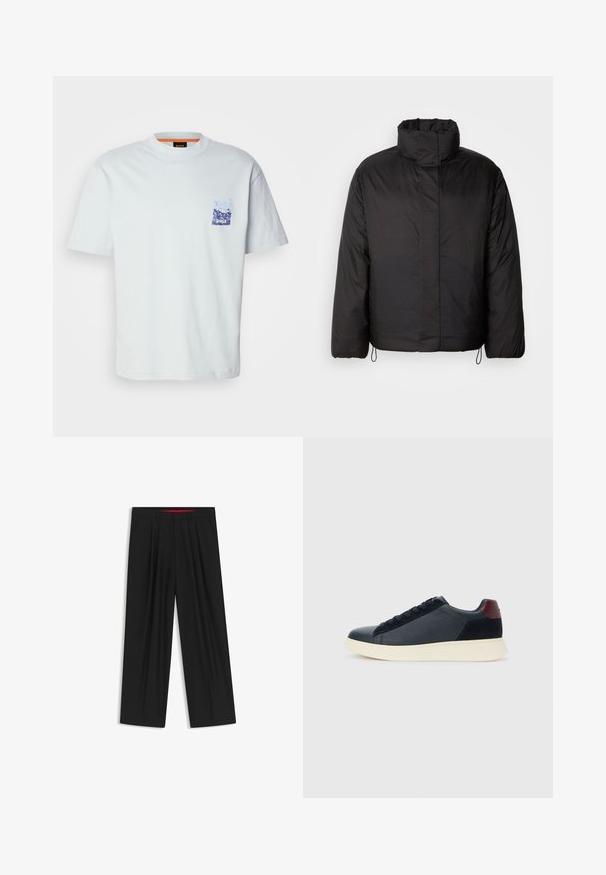 Black puffer jacket with high collar, zippered front, long sleeves, and elastic drawstrings at the hem. Smooth, lightweight texture.; White short-sleeve t-shirt in cotton, featuring a small blue graphic pocket print with mountain design and the brand name "BOSS."; Black wide-leg trousers with a flat front, two side pockets, pleated design, and a contrasting red interior waistband.; Low-top men's sneaker in black leather and suede with maroon heel tab and white rubber sole, viewed from the outer side.