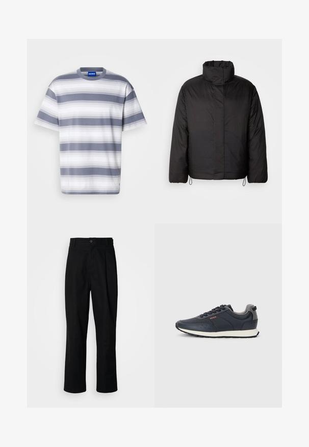 Svart dunjakke med høy krage, glidelås foran, lange ermer og elastiske snorer i kanten. Glatt, lett tekstur.; Stripet T-skjorte i grå og hvit, laget av myk bomull. Har rund hals og korte ermer. Subtil gradientmønster på stoffet.; Sorte bukser med rette ben, med knappet liv, belteholdere og frontfold, vist mot en enkel hvit bakgrunn.; Marineblå sneakers med en glatt syntetisk overdel, rund tå, grå detaljer, snøring, og en hvit mellomsole med en teksturert svart yttersåle.