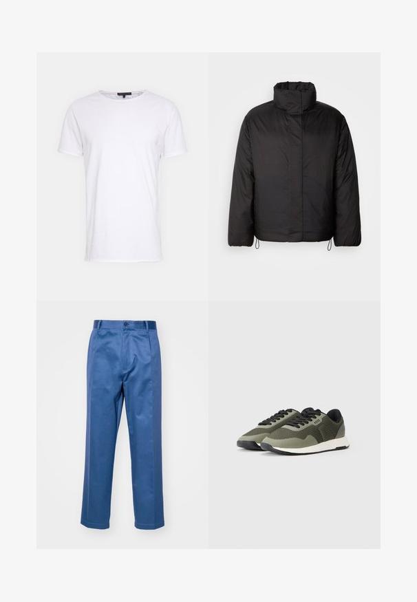 Melna pūkainā jaka ar augstu apkakli, ar rāvējslēdzēju priekšā, garām piedurknēm un elastīgām auklām apakšā. Gluda, viegla tekstūra.; Baltas kokvilnas T-krekls ar apaļu kakla izgriezumu, īsām piedurknēm un taisnu griezumu. Tam ir vienkārša, gluda tekstūra bez papildu rakstiem.; Zili bikses, kas izgatavotas no gluda auduma, ar taisnu kāju dizainu, pogu aizdari un smalkiem šuvuma akcentiem.; Zaļie sietiņš sporta apavi ar melniem akcentiem, rakstainā augšdaļa, plakani šņores un balta, rievota zole. Logo attēlots uz sāna.