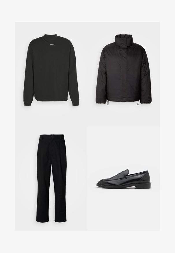 Czarna kurtka puchowa z wysokim kołnierzem, zamkiem błyskawicznym z przodu, długimi rękawami i elastycznymi sznureczkami na dole. Gładka, lekka tekstura.; Czarny długi rękaw bluza z bawełny, z wysokim kołnierzem i białym napisem "HUGO" na piersi.; Czarne spodnie o prostych nogawkach z zapięciem na guziki w pasie, szlufkami na pasek i fałdą z przodu, prezentowane na jednolitym białym tle.; Czarne skórzane mokasyny o gładkim wykończeniu, z zaokrąglonym noskiem i wąskim paskiem na górze. Niski, warstwowy obcas.