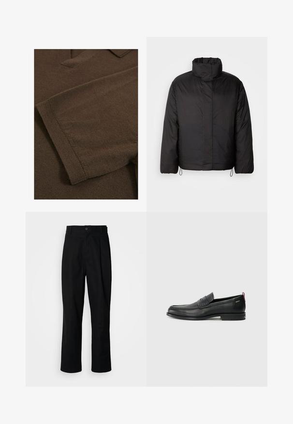Czarna kurtka puchowa z wysokim kołnierzem, zamkiem błyskawicznym z przodu, długimi rękawami i elastycznymi sznureczkami na dole. Gładka, lekka tekstura.; Brązowa dzianina o miękkiej teksturze, z kołnierzykiem i krótkimi rękawami, charakteryzująca się prostym wzornictwem bez wzorów ani ozdób.; Czarne spodnie o prostych nogawkach z zapięciem na guziki w pasie, szlufkami na pasek i fałdą z przodu, prezentowane na jednolitym białym tle.; Czarne skórzane mokasyny z teksturowanym frontem i gładkimi bokami. Posiadają smukłą podeszwę i tylną pętelkę dla łatwego zakładania. Klasyczny design.