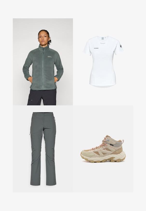 Giacca in fleece verde leggero e texturizzato con colletto alto e chiusura a zip. Presenta tasche laterali e un logo sulla parte superiore sinistra del petto.; Maglietta atletica bianca a maniche corte con colletto rotondo, dotata di un logo sul petto e una texture di tessuto liscia e leggera.; Pantaloni grigi da esterno realizzati in tessuto leggero e testurizzato; presentano tasche con zip e un design aderente con taglio dritto.; Scarponi da trekking beige realizzati in materiali mesh e suede. Presentano lacci arancioni, una parte superiore testurizzata e una suola robusta per una maggiore aderenza.