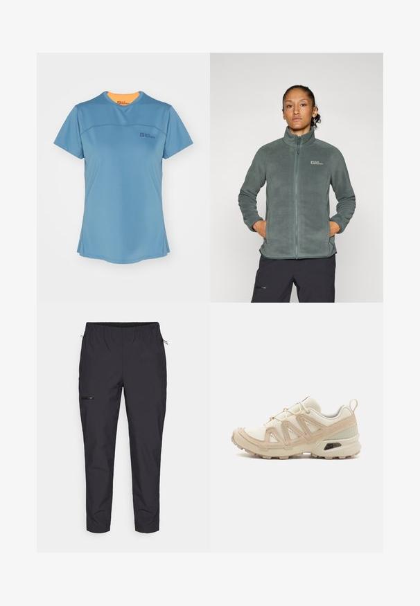 Giacca in fleece verde leggero e texturizzato con colletto alto e chiusura a zip. Presenta tasche laterali e un logo sulla parte superiore sinistra del petto.; T-shirt atletico blu a maniche corte con scollo rotondo, colletto interno arancione a contrasto e logo discreto sul petto. Tessuto leggero e texturizzato.; Jack Wolfskin PRELIGHT TRAIL - Pantaloni outdoor - black; Scarpa atletica beige e crema con tomaia in mesh testurizzato, sovrapposizioni supportive e suola in gomma con un motivo a tasselli per la trazione.