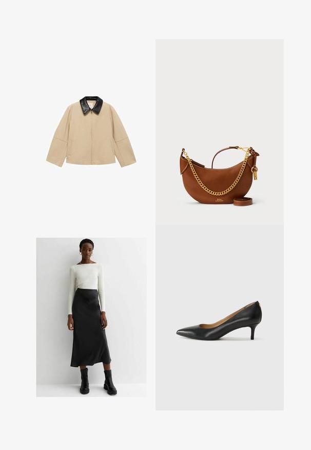 Veste beige avec un col en faux cuir noir, fermeture éclair et deux poches latérales ; présente un design carré et des manches larges.; T-shirt à manches courtes, rayé crème et marine, présentant un col rond et un design boxy avec un tissu texturé.; Haut à manches longues blanc associé à une jupe maxi en satin noir et des bottines noires à semelles épaisses. Silhouette simple avec une texture lisse.; Pompe noire en cuir avec un embout pointu, un petit talon et une texture lisse. Présente une légère ouverture à l'avant et un matériel minimal à l'arrière.; Sac à main en cuir brun avec un design courbé, une chaîne dorée, une poche intérieure et une bandoulière amovible. Présente des coutures contrastantes.