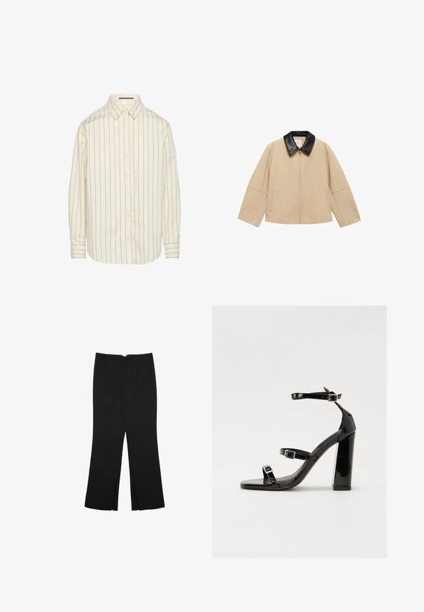 Beige jas met een zwarte faux leren kraag, ritsluiting en twee zijzakken; heeft een boxy ontwerp en brede mouwen.; Romig wit overhemd met lange mouwen, verticale marineblauwe strepen, knoopsluiting bij de kraag en rechte zoom. Gemaakt van lichte stof met een gladde textuur.; Zwarte broek met een rechte pasvorm, voorzien van zijzakken en plooien aan de onderzijde. Gemaakt van zachte, gladde stof. Geschikt voor verschillende gelegenheden.; Zwarte patent lederen sandalen met hoge hakken, twee gespenbanden, een vierkante neus en een stevige blokhak, met een gladde, glanzende textuur.