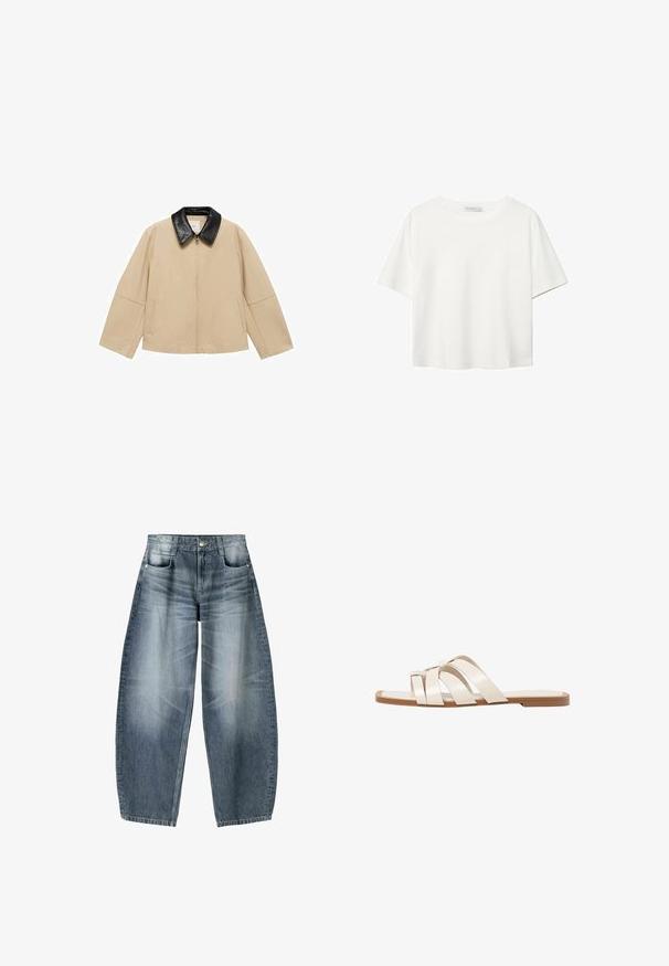 Béžová bunda s černým límcem z umělé kůže, zapínání na zip a dvěma bočními kapsami; má boxový střih a široké rukávy.; Bílý krátký rukáv tričko vyrobené z bavlny. Má kulatý výstřih a volný střih. Hladký materiál bez viditelných vzorů nebo akcentů.; Džínsy s širokými nohavicemi vyrobené z světle modrého denimového materiálu s vybledlým vzhledem, s pěti kapsami, zapínáním na knoflík a minimálními stehy.; Ploché sandály s hnědou gumovou podrážkou, navržené se třemi překrývajícími se bílými koženými řemínky a malým mašlí uprostřed.