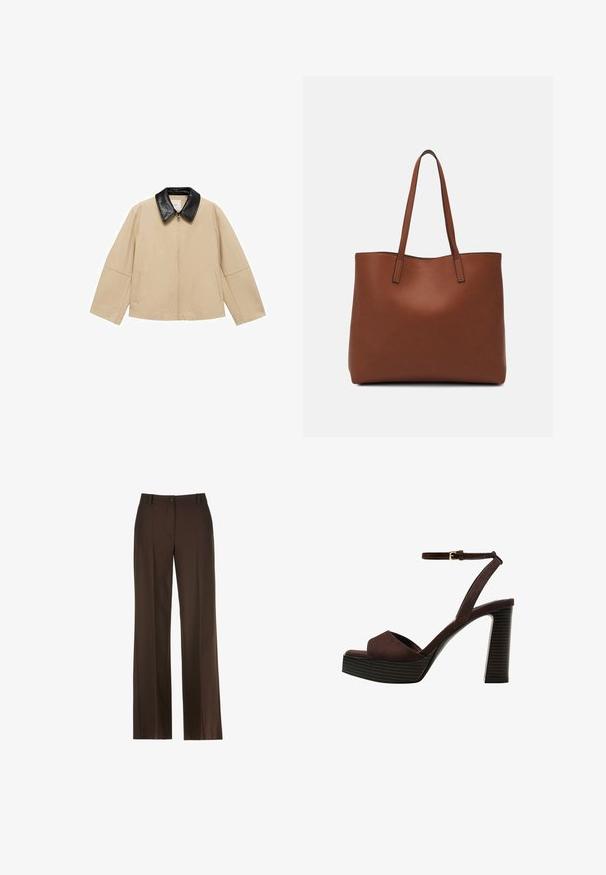 Beige jas met een zwarte faux leren kraag, ritsluiting en twee zijzakken; heeft een boxy ontwerp en brede mouwen.; Witte korte mouwen t-shirt van katoen. Heeft een ronde halslijn en een ontspannen pasvorm. Glad textuur zonder zichtbare patronen of accenten.; Bruine wijde broek met een gladde textuur, voorzien van een knoopsluiting aan de voorkant, riemlussen en kreukdetails langs de voorkant.; Bruine suède high-heeled sandaal met een open teen, verstelbare enkelband en een gestreepte plateauzool.; Bruine leren tote bag met een gladde textuur, een ontwerp met een open bovenkant en twee schouderbanden. Kenmerkt zich door minimale stiksels en geen zichtbare hardware.