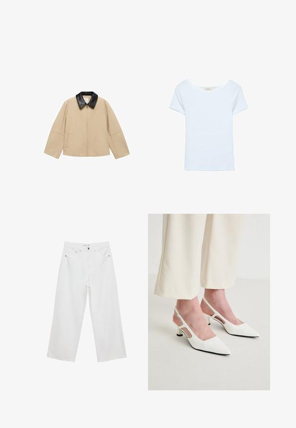 Beige jakke med krave i sort imiteret læder, lynlås lukning og to sidelommer; har en boksagtig design og brede ærmer.; Hvid t-shirt lavet af ribbet stof, med en bred scoop neckline og korte ærmer. Enkel design uden mønstre eller decorationer.; Hvide bukser med bred benvidde lavet af denim med høj talje, der har fem lommer og metalhardware. Glat tekstur, uden synlige mønstre.; Hvide spidse slingback hæle med en lav blokhæl. Har udskårne sidelapper og en justerbar ankelrem for en sikker pasform.