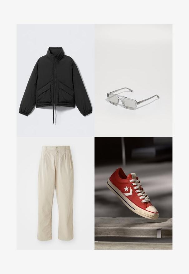 Giacca imbottita nera con collo alto, chiusura con cerniera, polsini elastici e due tasche frontali inclinate. Tessuto liscio e leggero.; Camicetta bianca con motivo a reticolo in blu navy, dotata di taschino sul petto, orlo arrotondato e bottoni in legno. Tessuto leggero.; Pantaloni beige leggeri con vestibilità rilassata, pieghe cucite davanti, chiusura con bottone e orli risvoltati. Texture liscia, design minimal.; Sneaker di tela rossa con logo a stella bianca, punta in gomma crema e lacci testurizzati. Presenta accenti blu sulla suola e un design a basso profilo.; Emporio Armani Occhiali da sole - shiny transparent grey