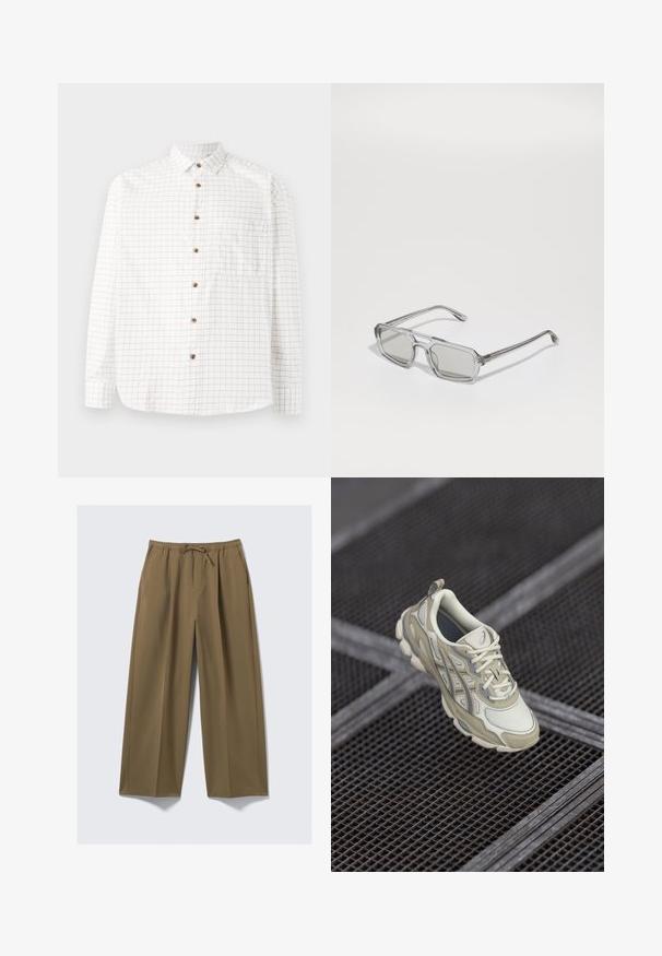 Veste noire matelassée avec col montant, fermeture éclair, poignets élastiqués et deux poches avant inclinées. Tissu lisse et léger.; Chemise blanche à boutons avec un motif à carreaux bleu marine, dotée d'une poche poitrine, d'un ourlet arrondi et de boutons en bois. Tissu léger.; Pantalons larges en vert olive, en tissu doux avec une taille élastique et un cordon de serrage ajustable. Comprend deux poches latérales.; Chaussure de sport beige avec une tige en mesh texturé, de subtils accents gris et une languette rembourrée. Design de semelle arrondie et confortable.; Emporio Armani Lunettes de soleil - shiny transparent grey