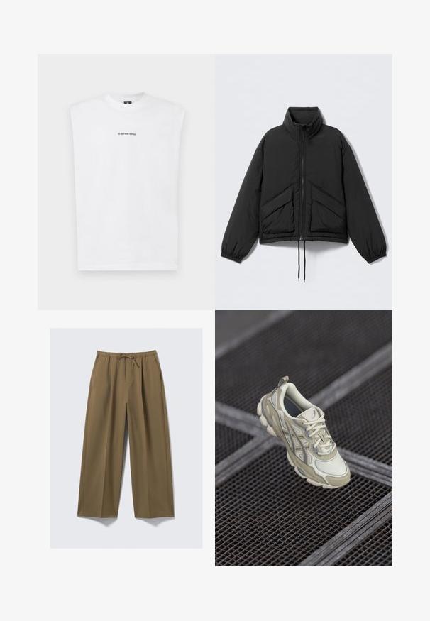 Svart vadderad jacka med hög krage, dragkedja, elastiska muddar och två snedställda framfickor. Mjuk, lätt tyg.; Vit ärmlös T-shirt i bomull, med rund halsringning och svart "G-STAR RAW"-logotyp tryckt på framsidan. Slät yta.; Breda byxor i olivgrön färg, tillverkade av mjukt tyg med elastisk midja och justerbar dragsko. Har två sidofickor.; Beige träningssko med en texturerad mesh-övre, subtila grå accenter och en vadderad tunga. Rundad, dämpad sula för komfort.