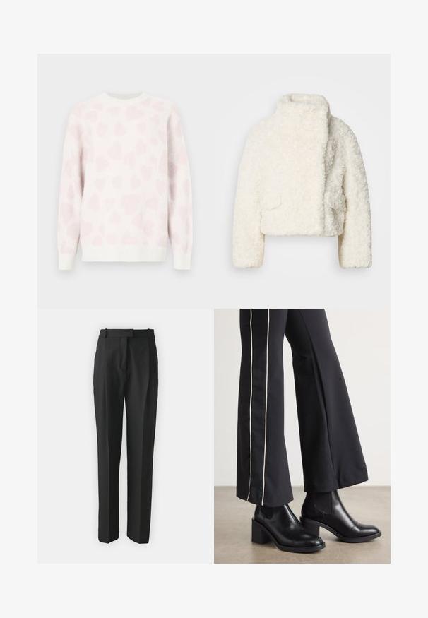 Bela umetna krznena jakna s skrajšanim krojem in visokim ovratnikom, strukturirana površina in dva sprednja žepa. Ima sproščen kroj in mehak material.; Bela majica z mehko teksturo, okrašena z vzorcem roza srca. Okrogli izrez in rebrasti zaključki na rokavih poudarjajo dizajn.; Črne krojene hlače iz lahkotnega materiala, z ravnim krojem, gladkim sprednjim delom in zankami za pas. Gladka tekstura brez vidnih vzorcev.; Črne usnjene gležnjarje s blok peto, z elastičnimi stranskimi paneli. Kombinirane s črnimi hlačami, ki imajo bele stranske črte.