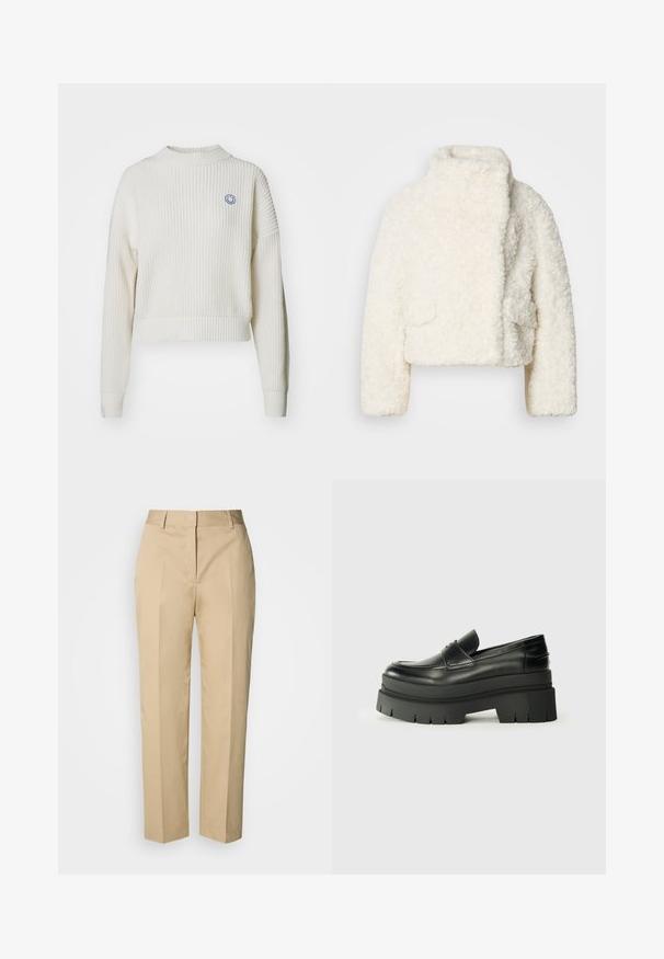 Casaco curto de pelo falso branco com colarinho alto, superfície texturizada e dois bolsos frontais. Apresenta um corte descontraído e tecido suave.; Sweater branco de malha canelada com gola alta e ombros caídos. Apresenta um pequeno logo azul de smiley no peito. Design cropped.; Calças bege de perna reta com passantes para cinto, vinco frontal e fecho invisível, exibidas contra um fundo claro.; Sapatos de couro pretos tipo loafer com solas de plataforma chunky. Bico arredondado, detalhe de costura frontal e sutis detalhes de costura. Sola exterior plana e texturizada.