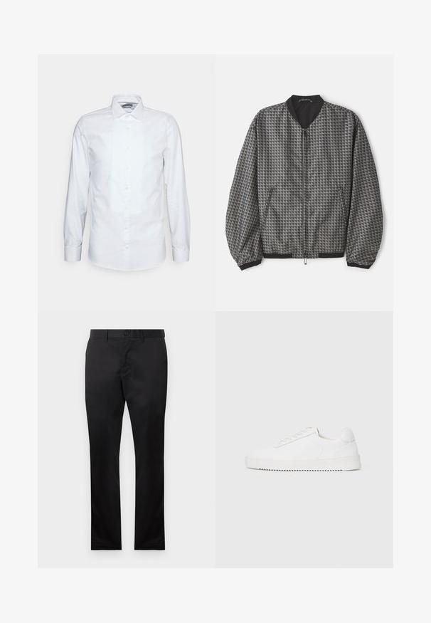 Getexturede bomberjack in grijs met een geometrisch patroon. Heeft een ritssluiting aan de voorkant, een zwarte kraag en elastische boorden en zoom.; Witte longsleeve shirt van katoen. Heeft een geplooide voorkant, puntige kraag en klassieke knoopsluiting. Glad textuur en getailleerde pasvorm.; Zwarte katoenen broeken met een rechte pijp, uitgerust met een sluiting met een voorste knoop en zijzakken, gladde textuur, zonder zichtbare patronen.; Witte sneaker met een gladleren bovenkant, ronde neus, veters, gestructureerde zijaccenten en een dikke rubberen zool. Minimalistisch ontwerp.