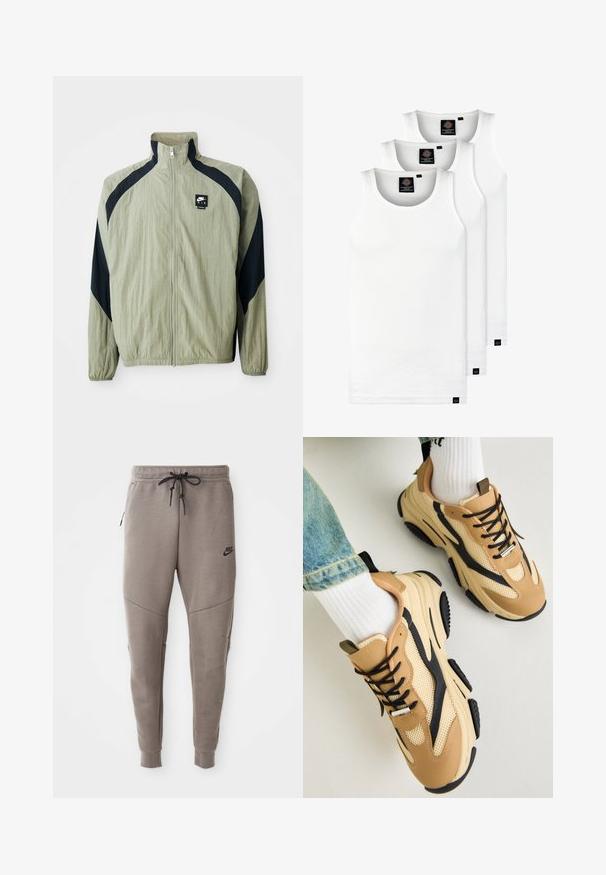 Light green zip-up jacket with navy accents, raglan sleeves, and a textured fabric; features a branded logo on the upper left side.; Three white ribbed tank tops made of cotton. Features a crew neck and small black labels near the hem. Available in multiple sizes.; Gray Nike sweatpants with a drawstring waistband, tapered legs, side pockets, and distinct seam detailing. Soft, textured fabric.; Steve Madden POSSESS - Trainers - khaki