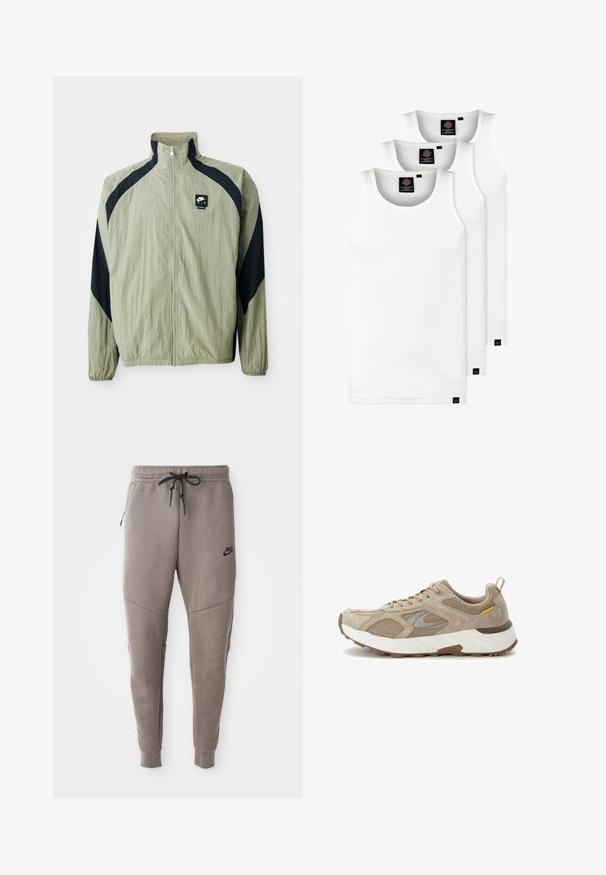 Light green zip-up jacket with navy accents, raglan sleeves, and a textured fabric; features a branded logo on the upper left side.; Three white ribbed tank tops made of cotton. Features a crew neck and small black labels near the hem. Available in multiple sizes.; Gray Nike sweatpants with a drawstring waistband, tapered legs, side pockets, and distinct seam detailing. Soft, textured fabric.; Beige running shoe featuring a combination of suede and mesh materials, padded collar, and a white midsole with textured brown outsole.