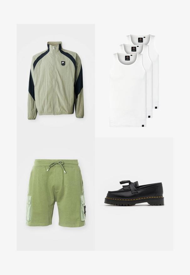 Veste zippée vert clair avec des accents bleu marine, manches raglan et tissu texturé ; présente un logo de marque sur le côté supérieur gauche.; Trois débardeurs blancs côtelés en coton. Présentent un col rond et de petites étiquettes noires près de l'ourlet. Disponibles en plusieurs tailles.; Shorts en coton verts avec taille élastique et cordon de serrage. Comprend deux poches cargo latérales et des accents de panneaux texturés sur les côtés.; Mocassin en cuir noir avec un accent à frange, doté d'une semelle épaisse noire et d'une couture jaune le long du bord. Fini texturé.