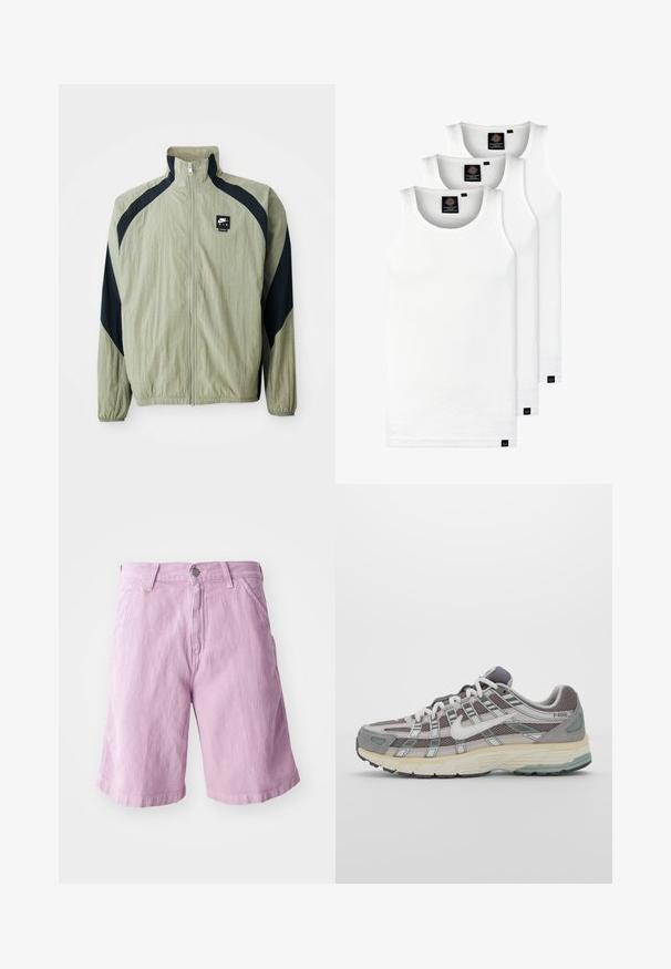 Svetlozelená zipová bunda s námorníckymi akcentmi, raglánovými rukávmi a textúrovaným materiálom; obsahuje značkové logo na ľavej hornej strane.; Tri biele rebrované tielka vyrobené z bavlny. Majú okrúhly výstrih a malé čierne štítky pri leme. Dostupné v rôznych veľkostiach.; Svetlofialové denimové šortky s rovný strih, s gombíkom a zipsovým zapínaním, piatimi vreckami a jemnou textúrou.; Šedá športová obuv so zvrškom z nylonu a semišu, bielymi akcentmi, polstrovanou podrážkou a jedinečným dizajnom s reflexnými prvkami.
