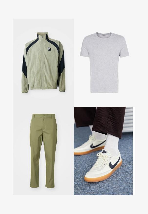 Jasnozielona kurtka z zamkiem błyskawicznym, z granatowymi akcentami, rękawami raglanowymi i teksturowanym materiałem; posiada logo marki po lewej stronie u góry.; Szara bawełniana koszulka z okrągłym dekoltem, krótkimi rękawami i gładkim wzorem, charakteryzująca się miękką, gładką fakturą oraz brakiem widocznych wzorów czy ozdób.; Oliwkowe spodnie o prostym kroju nogawki, z zapięciem na guzik i dopasowanym krojem. Gładki materiał bez widocznych wzorów.; Białe skórzane sneakersy Nike z granatowym swooshem, z gumową podeszwą i białymi sznurówkami, w połączeniu z białymi skarpetkami do kostek i ciemnymi spodniami z korduroju.