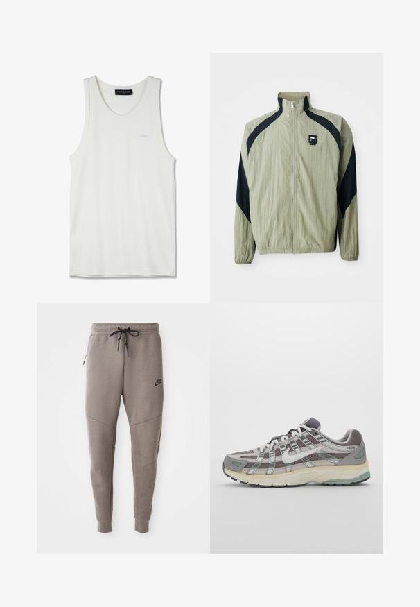 Light green zip-up jacket with navy accents, raglan sleeves, and a textured fabric; features a branded logo on the upper left side.; White cotton tank top with a rounded neckline and narrow shoulder straps. Features subtle embroidered logo in light blue on the chest.; Gray Nike sweatpants with a drawstring waistband, tapered legs, side pockets, and distinct seam detailing. Soft, textured fabric.; Gray athletic shoe featuring a mesh and suede upper, white accents, a cushioned sole, and a distinctive design with reflective elements.