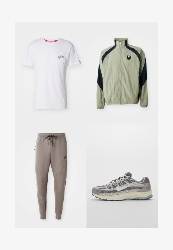 Lys grøn zip-up jakke med marineblå detaljer, raglanærmer og et tekstureret stof; har et mærket logo på den øverste venstre side.; Hvid bomulds T-shirt med et lille grafik på venstre bryst, rund halsudskæring og korte ærmer, med rød indvendig labeldetalje.; Grå Nike joggingbukser med snoretræk i taljen, tapered ben, sidelommer og markante sømdetaljer. Blødt, struktureret stof.; Grå sportssko med overdel i mesh og ruskind, hvide accenter, en polstret sål og et særpræget design med reflekterende elementer.