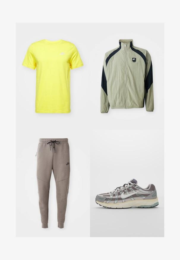 Světlě zelená zipová bunda s námořnickými akcenty, raglánovými rukávy a texturovanou tkaninou; má brandované logo na horní levé straně.; Nike Sportswear CLUB TEE - Jednoduché tričko - yellow; Šedé Nike tepláky s elastickým pasem na šňůrku, zúženými nohavicemi, bočními kapsami a charakteristickým švem. Měkká, strukturovaná tkanina.; Šedá sportovní obuv s vrchní částí z mikrovlákna a semiše, bílými akcenty, polstrovanou podrážkou a jedinečným designem s reflexními prvky.