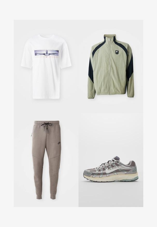 Vaaleanvihreä vetoketjullinen takki, jossa on tummansiniset yksityiskohdat, raglan-hihat ja teksturoitu kangas; takissa on brändin logo vasemmalla ylhäällä.; Valkoinen puuvillapaita, jossa on keskeinen painatus pelaajasta, jolla on ojennetut kädet, teksti "WINGS" ja hienovaraisia graafisia yksityiskohtia.; Harmaat Nike-juoksuhousut, joissa on kiristysnyöri vyötäröllä, kapeat lahkeet, sivutaskut ja erottuva sauman yksityiskohtaisuus. Pehmeä, tekstuuri kangas.; Harmaa urheilukenkä, jossa on verkko- ja mokkanahkainen yläosa, valkoiset yksityiskohdat, pehmustettu pohja ja erottuva muotoilu heijastavilla elementeillä.