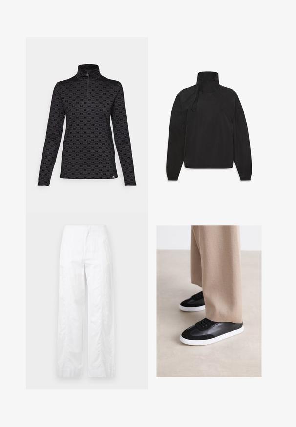 Crna lagana jakna s visokim ovratnikom, zatvaračem, elastičnim manžetama i logom sprijeda, izrađena od glatkog, vodootpornog materijala.; Bogner Fire + Ice MARGO2 - Top dugih rukava - black; Bijele široke hlače od laganog materijala, s glatkom teksturom, čistim linijama i visokim strukom.; Crne kožne tenisice s sued akcentima, s bijelim gumitim potplatom i crnim vezicama. U paru s bež širokim hlačama.