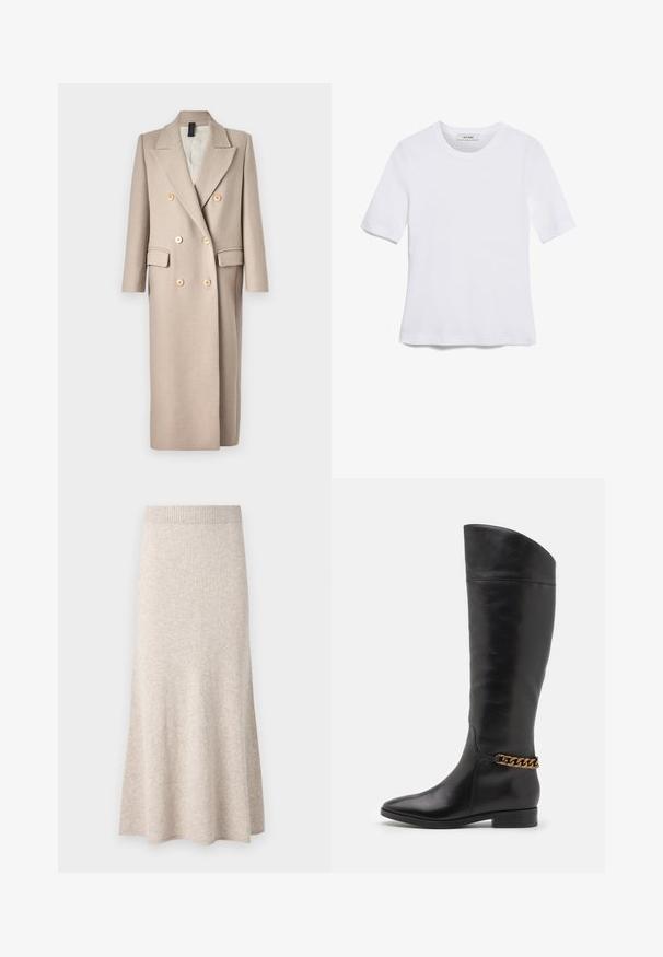 DRYKORN WORCESTER - Klassisk frakke - sand; Hvid kortærmet t-shirt lavet af ribbet stof. Rund halsudskæring, almindelig pasform og subtile syninger. Ingen mønstre eller grafik.; Lys beige strikket nederdel med ribbede linning, flared A-formet facon og blød tekstur, som har subtile variationer i stoffet.; Høje sorte læderstøvler med et slankt design, spids tå og en guld kædeaccent ved anklen. Lav blokhæl. Glat overflade.